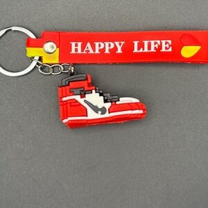 Red White Black High Top Sneaker Keychain Happy Life Rubber Strap Bag Charm